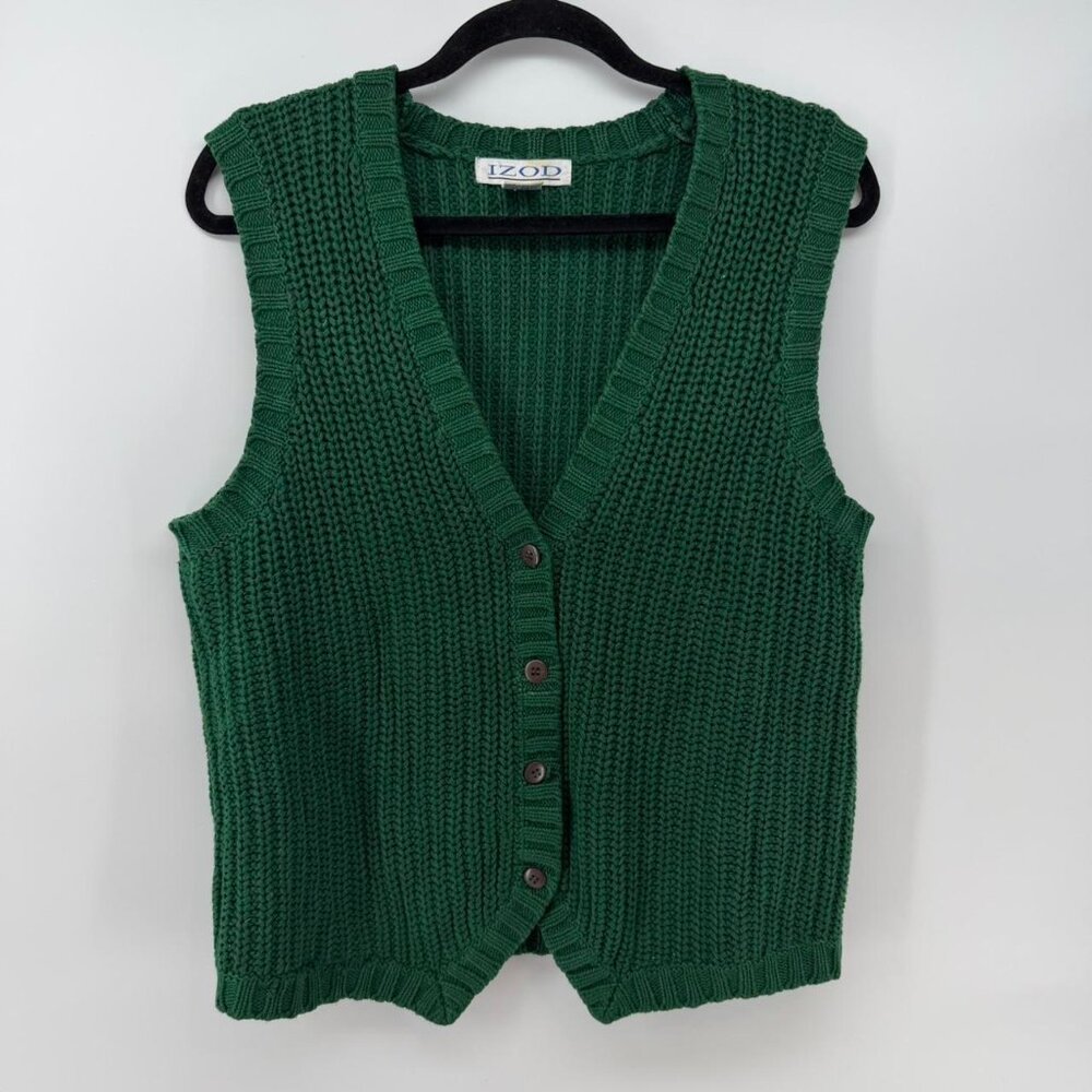 Vintage IZOD Women’s Green Knit Sweater Vest Button Front Cotton Ramie Size M